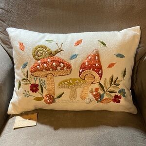 World Market Mushroom Snail Embroidered Lumbar Pillow 14x20 NWT